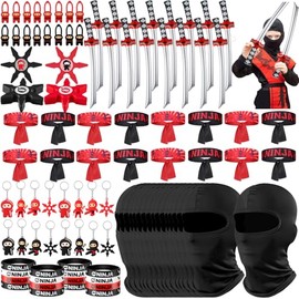 Tondiamo 112 Pcs Ninja Party Favors Include Ninja Masks Headbands Bracelets Inflatable Swords Keychains Stretch Flying Slingshot Star Throwing Toys for Karate Birthday Party Gift Decoration