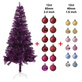 Wellwood 6 ft Tinsel Christmas Tree with 24ct Assorted Ornament Set, Metal Stand, Easy Assembly - Purple