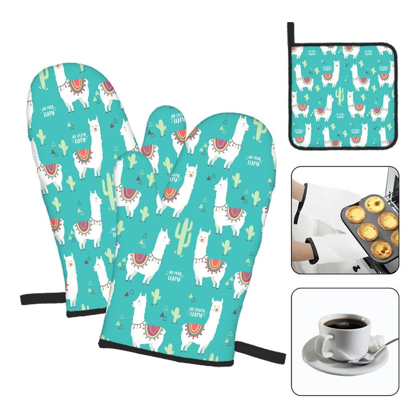 Mxocom Cute White Llama Oven Mitts and Pot Holders Sets