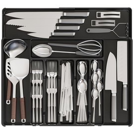 Expandable Silverware Organizers for Kitchen Drawers,Large BPA Free Cutlery Organizer in Drawer,Plastic Utensil Drawer Organizer Suitable as Flatware,Knife,Fork,Spoon,Silverware Holder and Tray,Black