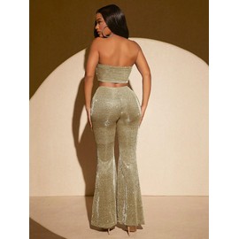 WDIRARA Women's Sparkly Two Piece Set Disco Glitter Outfits Tube Top Flare Pants Set, Gold, Medium