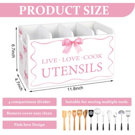 JarThenaAMCS Pink Bow Wooden Utensil Holder 4 Compartment Large Watercolor Bow Cooking Utensil Organizer for Home Kitchen Countertop Storage Container