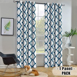 Melodieux Moroccan Fashion Thermal Insulated Grommet Room Darkening Curtains for Living Room, 52 by 63 Inch, Off White/Royal Blue (1 Panel)