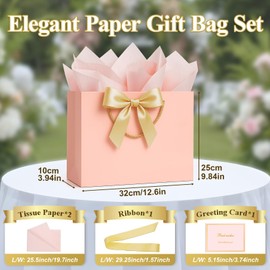 ANZNKU 2 Pack Gift Bags, Premium Gift Bags with Handles with 2 Ribbon 4 Tissue Paper 2 Greeting Cards, Large Present Wrap Bag for Birthday, Baby Shower, Wedding, Party Favor(Champagne Beige& Pink)