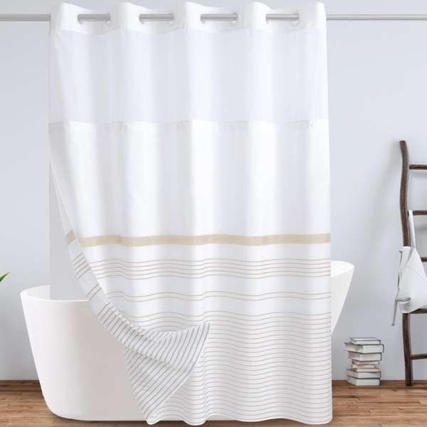 KONZENT Beige and White Boho Shower Curtain Beige Striped Hotel