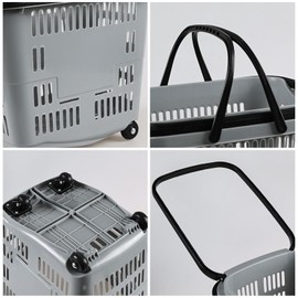 Cand 50 L Shopping Basket with Wheels, 4 Pack Plastic Shopping Carts with Handles, Rolling Grocery Basket for Supermarket, Gray