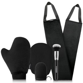 Yvoier - Kit de aplicador de manoplas autobronceadoras sin rayas, paquete de 5 manoplas autobronceadoras con guante de bronceado, aplicador de espalda autobronceadora, cepillo para polvo de bronceado