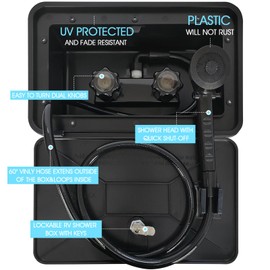 EXCELFU RV Exterior Shower Box Kit RV Outdoor Shower with Camper RV Outside Showers Faucet Valve + Coiled Hose + Sprayer Head + Lock, Replacement for Camper,Van,Travel Trailer,Motorhome and Boat,Black