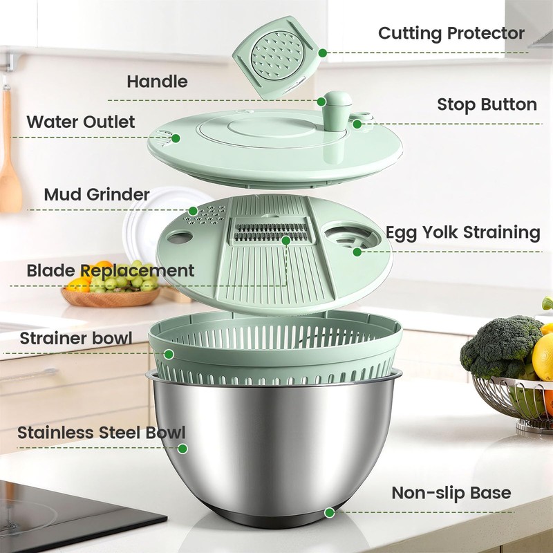 Stainless Steel Salad Spinner 3-in-1, One-Touch Stop and Non-Slip Base,