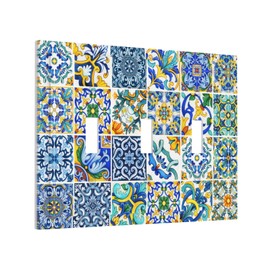 Blue/White Spanish Mexican Tile 3 Gang Triple Toggle Light Switch Wall Plate Cover Decorative Electrical Faceplate for Rustic Barn Door Home Living Room Decorate
