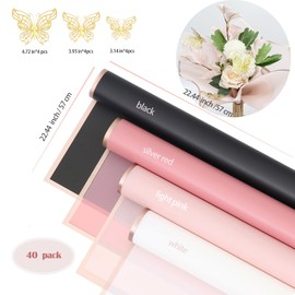 Flower Wrapping Paper Bouquet Sheets, 40pcs Waterproof Floral Gift Packaging Paper 4 colors,12pcs 3D Butterfy Stickers, Mother's Day DIY Craft 22.44x22.44 inch (Mixed colors -40pcs)