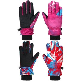Honoson - 2 pares de guantes de nieve de invierno para niños, impermeables, a prueba de viento, cálidos, para esquí, para niños pequeños