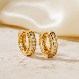 QueenBee 14K Gold Zirconia Flat Hoop Earrings, Mens Cubic Zirconia Gold Hoops, Hypoallergenic Mens Elegant Hoops, Male Gold Jewelry, Sparkling Zirconia Male Hoops, Gold Jewelry Gift for Men.