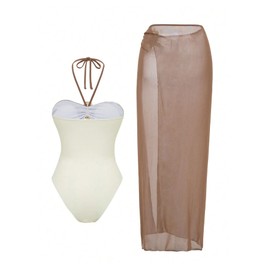 SOLY HUX Women's One Piece Swimsuit Metal Decor Cut Out Halter Bathing Suit with Mesh Maxi Cover Up Skirt Multicoloured Large