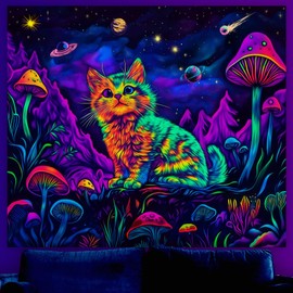 WEBEEDY Cute Cat Glow in The Dark Tapestry Fantasy Mushroom Plant Wall Tapestry UV Reactive Mysterious Galaxy Space Aesthetic Backdrop Wall Hanging for Living Room Dorm,59"X51"/150X130cm
