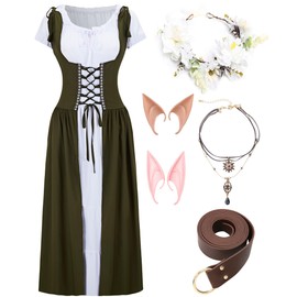 Vanderdyken 7 PCS Renaissance Dresses for Women Medieval Costume with Elf Ears, Necklace, Leather Belt, and Flower Crown (Short Sleeves-Green+White, Small/Medium)