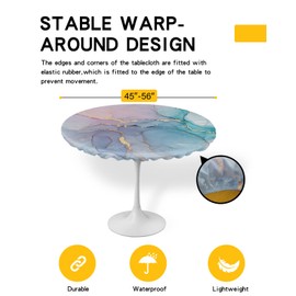 Round Table Cover 45-54 Inch, Waterproof Reusable Table Cloth Round Fitted Vinyl Tablecloth with Elastic Edged for Parties Outdoors, Abstract Marble Modern Pink Blue and Golden Marble Art Textured