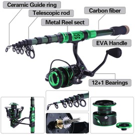 Sougayilang Fishing Rod and Reel Combos - Carbon Fiber Telescopic Fishing Pole - Spinning Reel 12 +1 BB with Carrying Case for Saltwater and Freshwater Fishing Gear Kit(Green 7.87ft -3000)