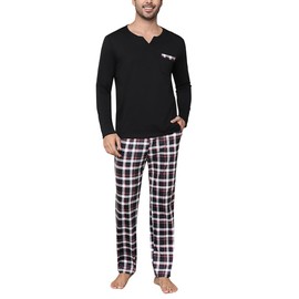 Pyjamas for Men | Soft & Cosy Mens Loungewear Sets | Warm Long Sleeve Pj's Set with Checked Pant | Comfortable Nightwear Black L