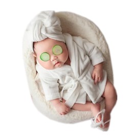 Newborn Monthly Baby Photo Props Bathrobes with Towel Sets for Boys Girls Photography (White)