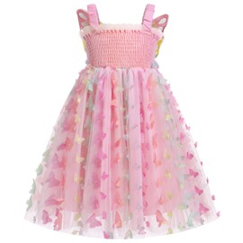 OBEEII Kids Girls Sleeveless Smocked Rainbow 3D Butterfly Wings Fairy Dress Toddler Princess 2nd 3rd 4th 5th 6th Birthday Party Tulle Sundress Knee-Length Cute Photoshoot Outfit Pink 2-3 T