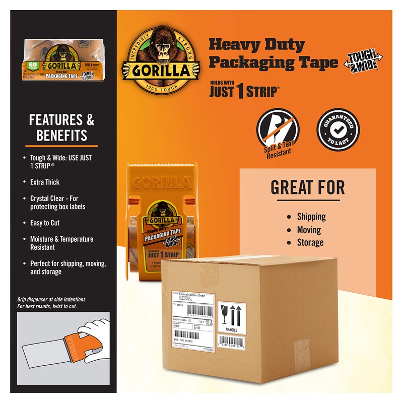 Gorilla Tough & Wide Packing Tape, Clear Tape, 2.83" x