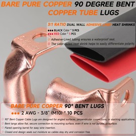 90° Pure Copper Cable Lugs 10pcs 2 AWG-3/8 90 Degree Bent Battery Lugs,Heavy Duty Wire Lugs,Ring Terminal,2 Guage terminals 90° Battery Cable Ends/Terminal Connectors + 10pcs 3:1 Heat Shrink Tubing