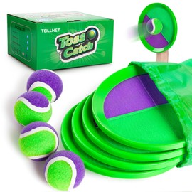 MUKI Catch Ball Toy Set (4 x Racquet + 4 x Balls), For Boys, Elementary School Students, Parents & Children, Outdoor Play, Park Gift, 3 Years Old 4 Years Old, 5 Years Old (Purple + Green)