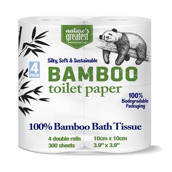 Nature's Greatest, 100% Bamboo & Sugarcane Toilet Paper, 2 Ply, 300 Sheets, 4 Rolls (Pack of 24), Packaging May Vary