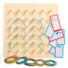 DKINY Wooden Geoboard Montessori Toy for Toddlers 3+ Graphical Mathematical Educationl Toys with 30 Pattern Cards & 20 Rubber Bands Develop Children Thinking Motor Skills, Gift Boys Girls