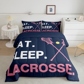 Lacrosse Bedding Set for Girls Boys Kids Eat Sleep Lacrosse Comforter Sports Theme Room Decorative Comforter Set Full Size Lacrosse Lover Duvet Set 3Pcs Quilt Set