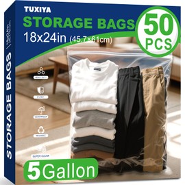 TUXIYA 50PACK 5 Gallon Large Zipper Bags for Storage 18 x 24 Inch, Large Clear Zipper Bags Reusable with Sealable Zippers Top for Clothes, Travel & Moving,Thick 4 Mil