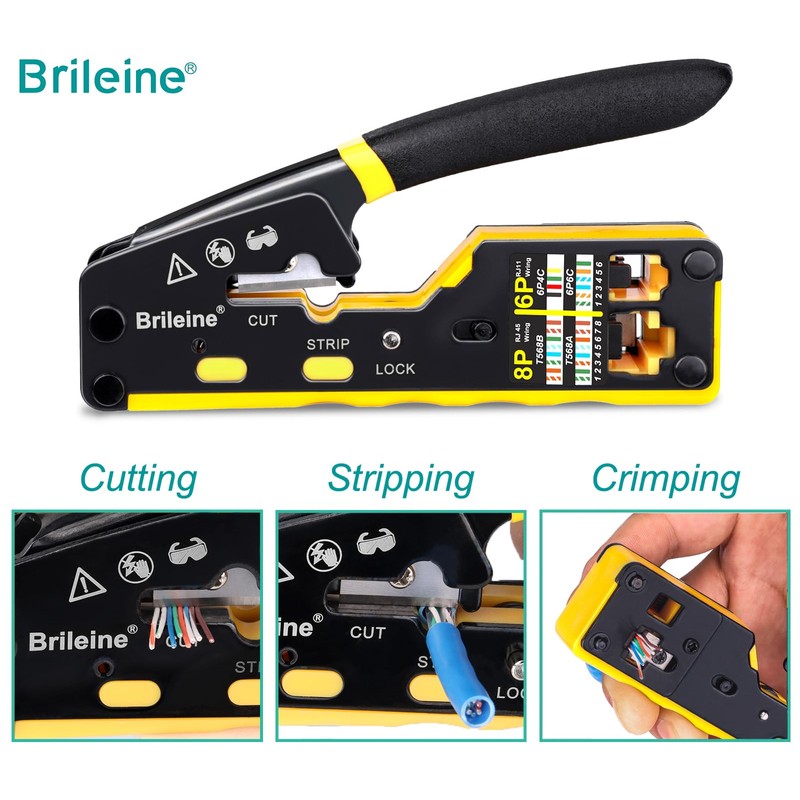 Brileine RJ45 Crimp Tool Pass Through Crimper for RJ45 Connectors