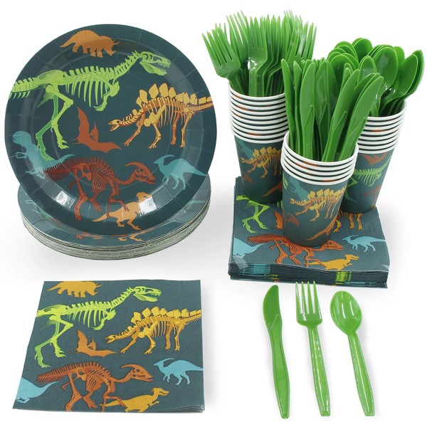 Disposable Dinnerware Set - Serves 24 - Dinosaur Themed Party Supplies for Kids Birthdays, Dino Fossil Skeleton Design, Includes Plastic Knives, Spoons, Forks, Paper Plates, Napkins, Cups