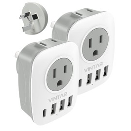 Paquete de 2 adaptadores de enchufe de alimentación Australia Nueva Zelanda, adaptador de viaje VINTAR Australia con 1 USB C, 3 puertos USB y 2 enchufes americanos, adaptador de enchufe tipo I 6 en 1 para Estados Unidos a Australia, Argentina, China