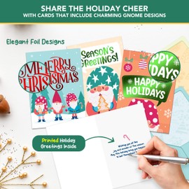 Decorably 16 Pack Foiled 5x7in Gnome Christmas Cards with Envelopes and Stickers, 8 Adorable Holiday Designs Seasons Greetings for Family, Friends & Loved Ones with Printed Message, Gifting, Mailing