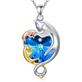 925 Sterling Silver 3 Cats Mom Cat Pendant Necklace with Blue Heart Crystal from Austria, Birthday Jewelry Gifts for Women