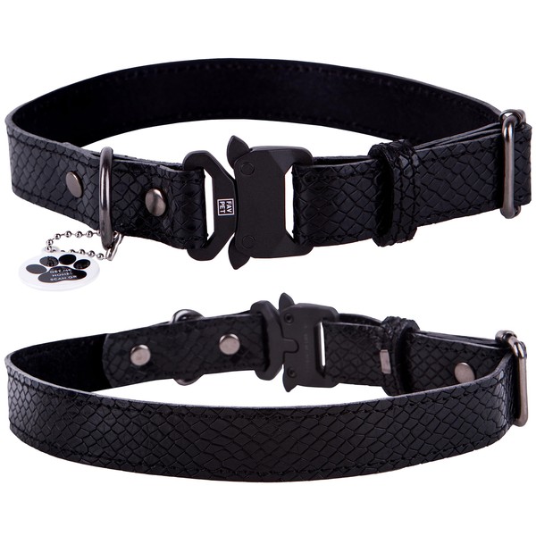 FAVPET Genuine Leather Thin Dog Collar Adjustable with QR Code