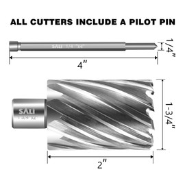 SALI Annular Cutter Diameter 1-3/4 Inch with Weldon Shank 3/4" (with 2 Flats) Cutting Depth 2" Mag Drill Bit for Magnetic Drill Press HSS Fully Ground Drill with One 1/4"*4" Pilot Pin
