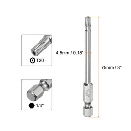 QUARKZMAN T20 Security Torx Bit 1/4 Inch Hex Shank 3 Inch Long S2 Steel Magnetic Tamper Proof Star Bits Screwdriver Torx Head with Hole for Screws Bits
