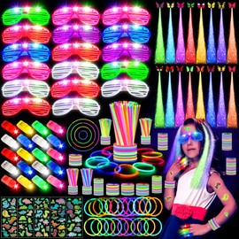 Glow in the Dark Party Supplies Favors - Glow Party Accessories include 100 Glow Sticks Bracelets, 16 LED Light Hairs, 16 LED Finger Lights, 16 LED Glasses, 16 Glow Temporary Tattoos