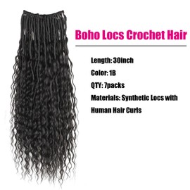 Boho Faux Locs With Curly Human Hair Curls Pre-Looped Crochet Goddess Faux Locs Bohemian Locs Crochet Hair For Black Women (1B, 28 Inch)