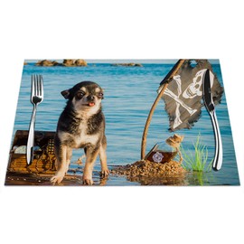 Chihuahua Placemats Set of 4, Chihuahua with Pirates Flag Placemats Heat Resistant for Dining Table Non-Slip 18x12 Inches