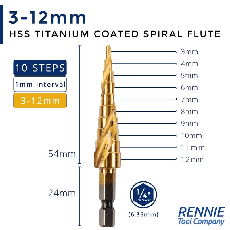 3 Pack - 3mm to 12mm Spiral Flute Step Drill