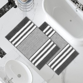 Tindbea Starryle Bathroom Rugs Set 2 Piece, Extra Soft and Absorbent Fluffy Striped Chenille Bath Mat Rug Set, Non Slip Bathroom Floor Mat, Machine Washable (20" x 32" Plus 20" x 32", Dark Gray) 1