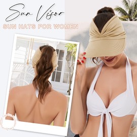 Durio Sun Hats Wide Brim Sun Visors for Women High Ponytail Hat Sun Protection Sun Shade Hats for Women Ponytail Beach Cap Beige One Size