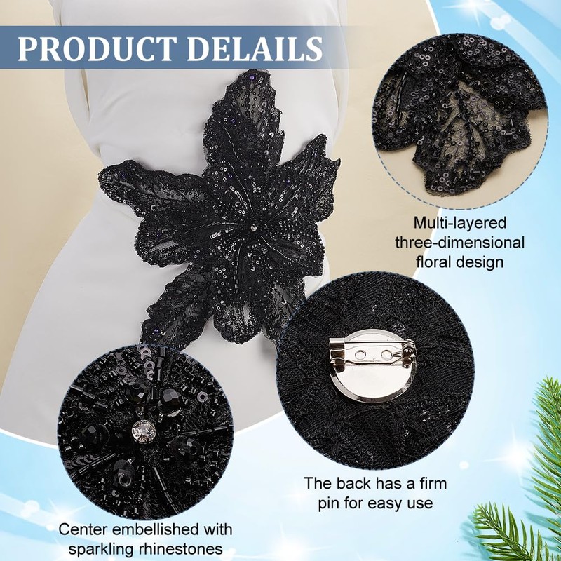 MAYJOYDIY Black 3D Sequin Flower Applique Sparkly Sew on Sequins