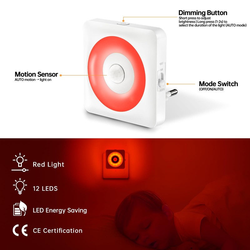 Night Light with Motion Sensor and Twilight Sensor, Red Light,