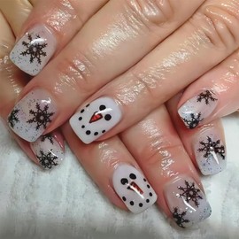 Christmas Snowflake Press on Nails Short Cute White Fake Nails Square False Nails with Snowflake Snowmen Designs Acrylic Nails Xmas Glue on Nails Glossy Short Artificial Nails Stick on Nails for Women