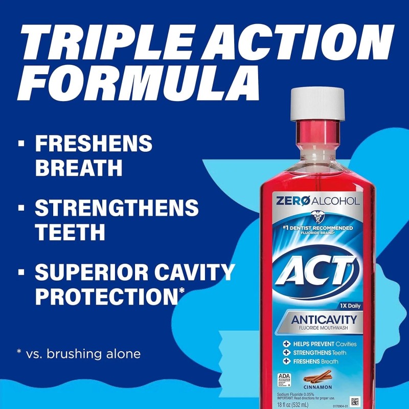 ACT Anticavity Fluoride Mouthwash With Zero Alcohol, Cinnamon, 18 Fl